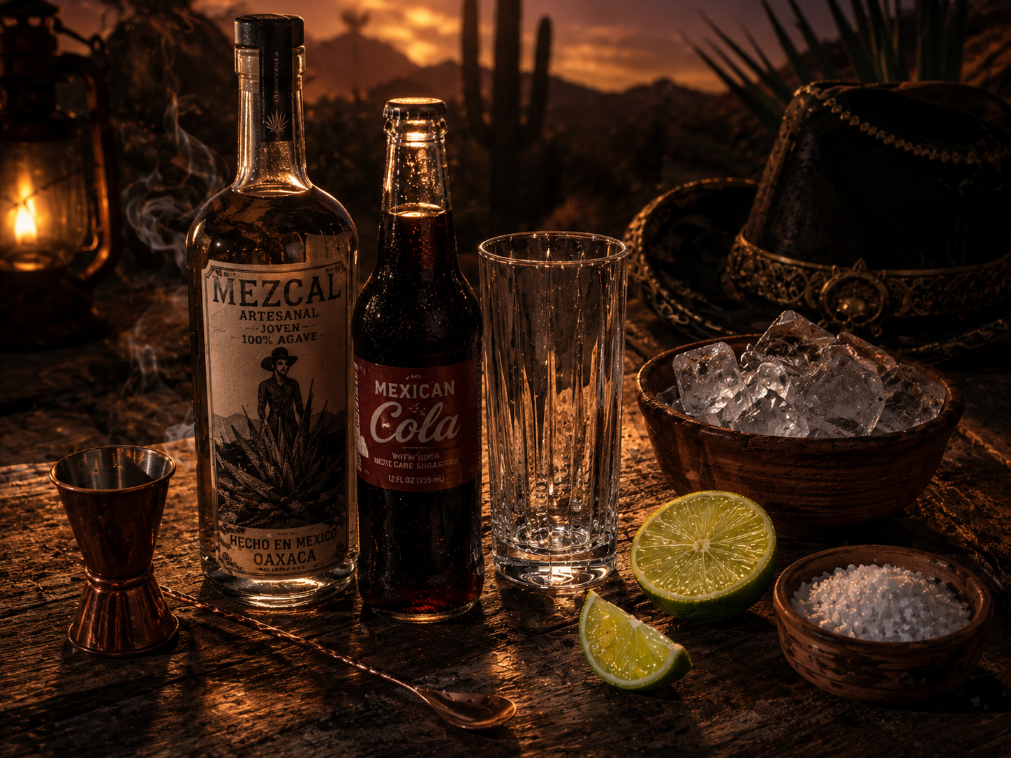 Ingredients and tools for the Mezcal Charro Negro with mezcal, Mexican cola, lime, salt, highball glass, jigger, ice, and bar spoon.