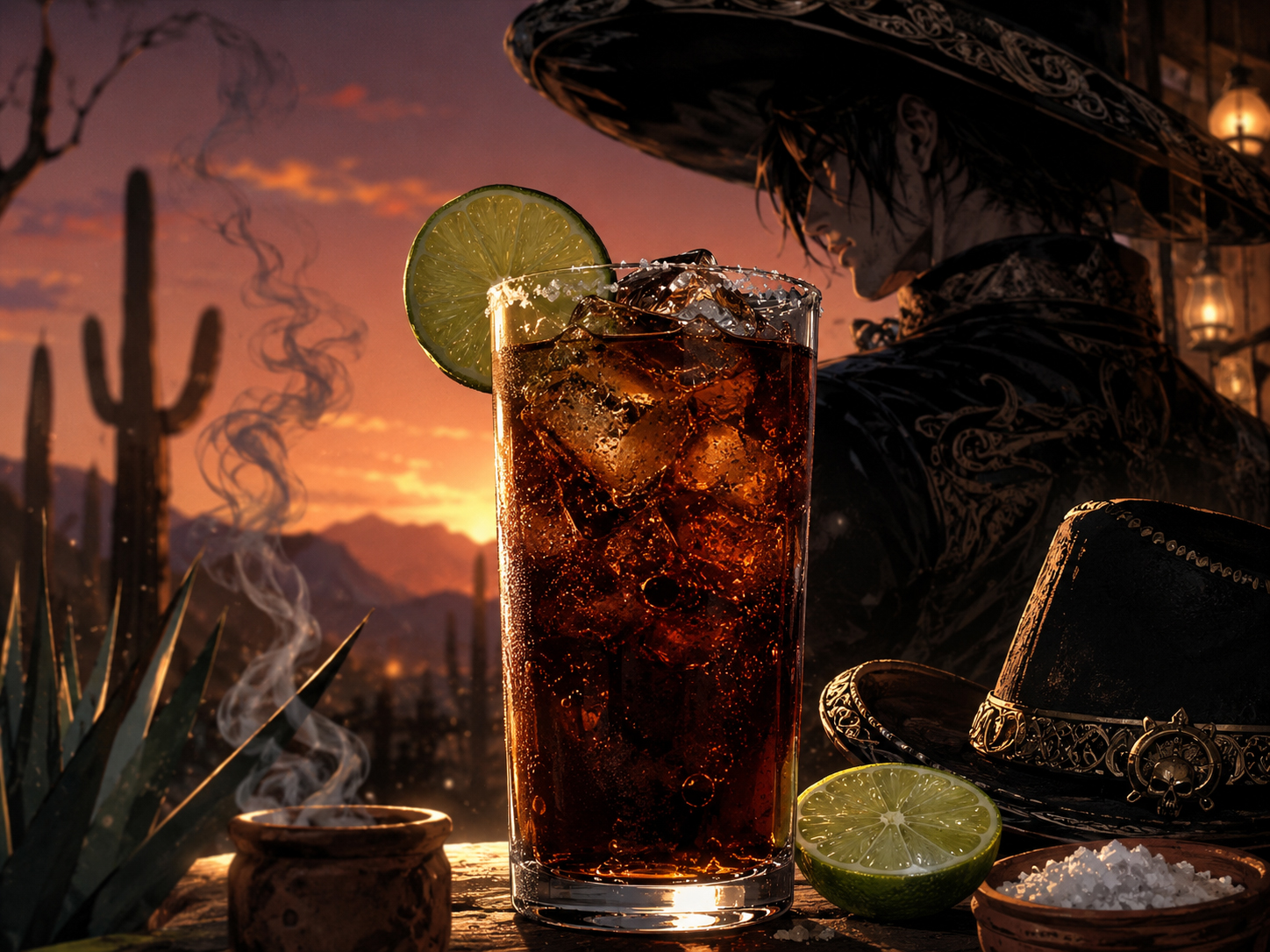 Drink #021 Mezcal Charro Negro in a highball glass with dark cola, ice, lime, salt, desert dusk, and agave smoke.