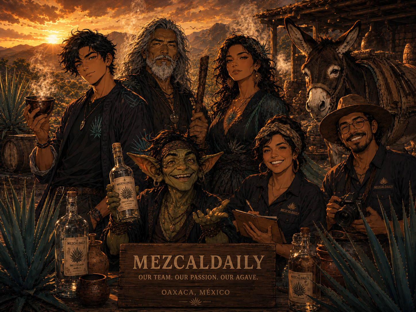 The MezcalDaily team with agave characters, mezcalero, donkey, and manga guides.