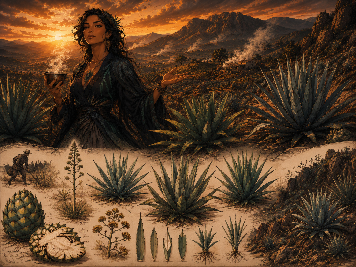 Agave field guide illustration with agave plants and botanical details.