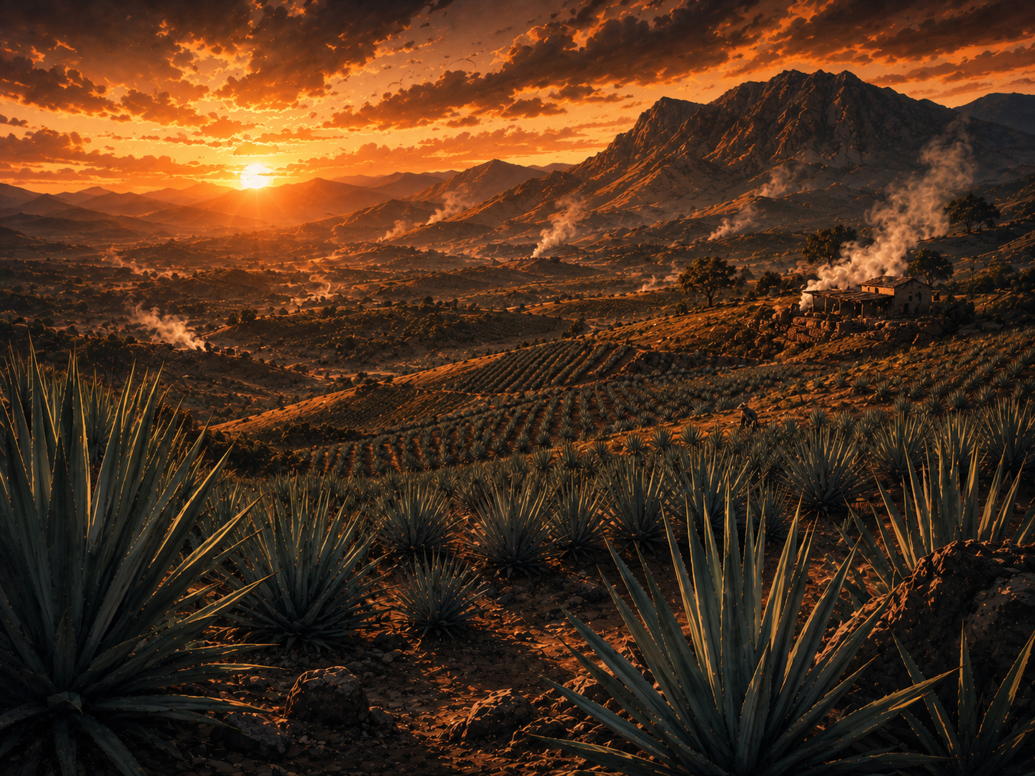 Rows of agave plants growing in a sunset field with mountains in the distance.