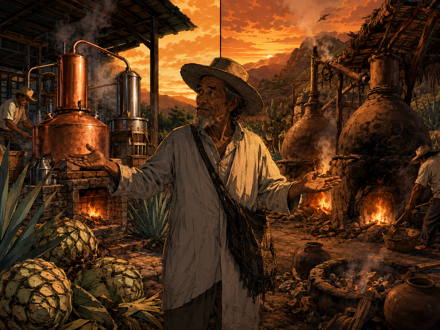 Illustrated comparison of artesanal and ancestral mezcal still methods.
