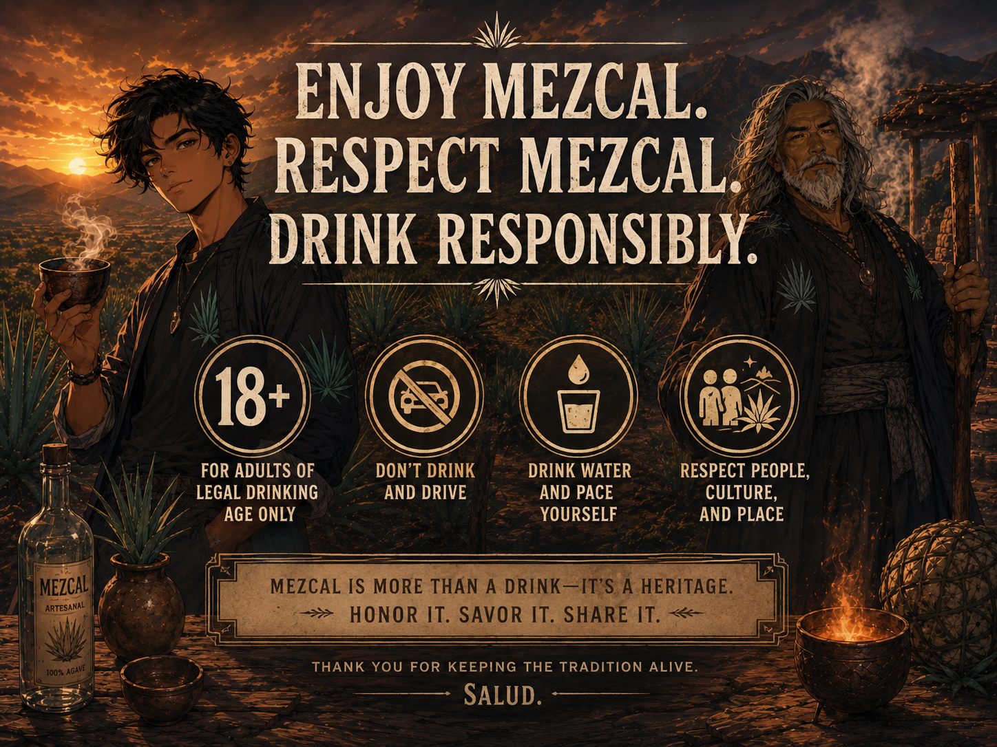 Responsible drinking poster with MezcalDaily characters and safety icons.