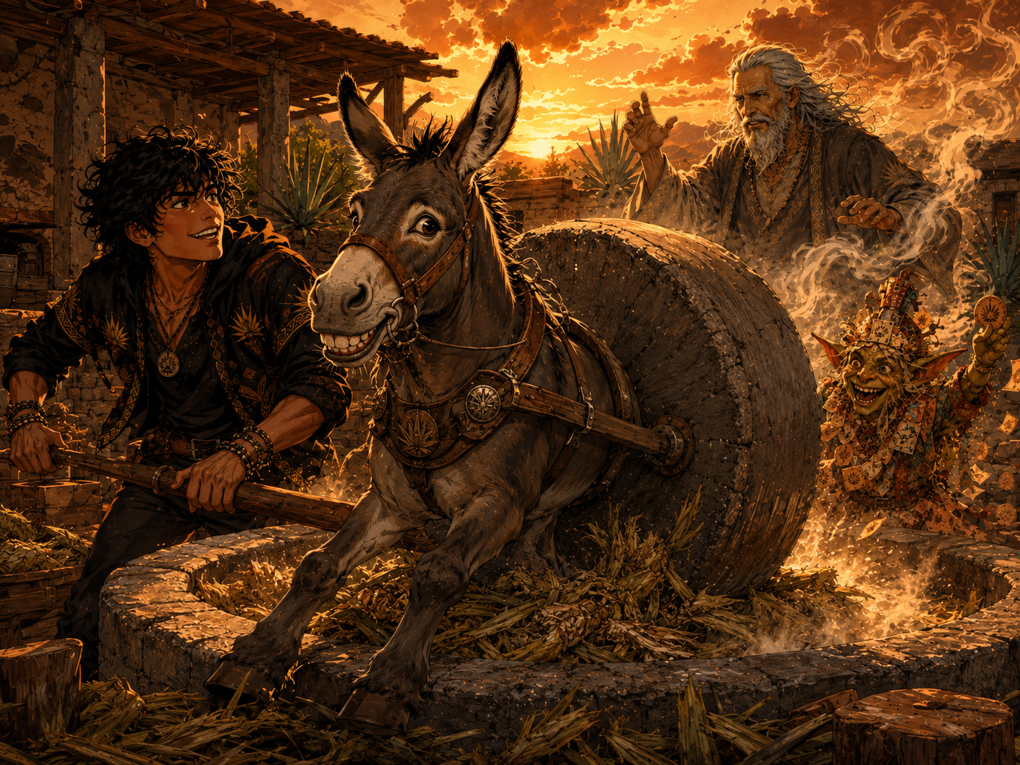 Tahona Donkey pulls a stone wheel.
