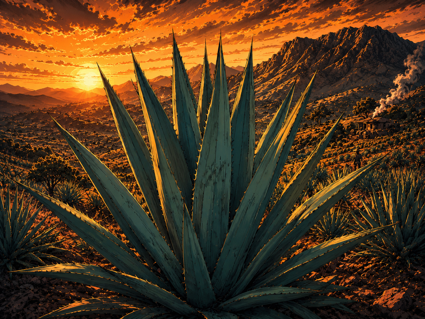 Heroic espadín agave plant at sunset.