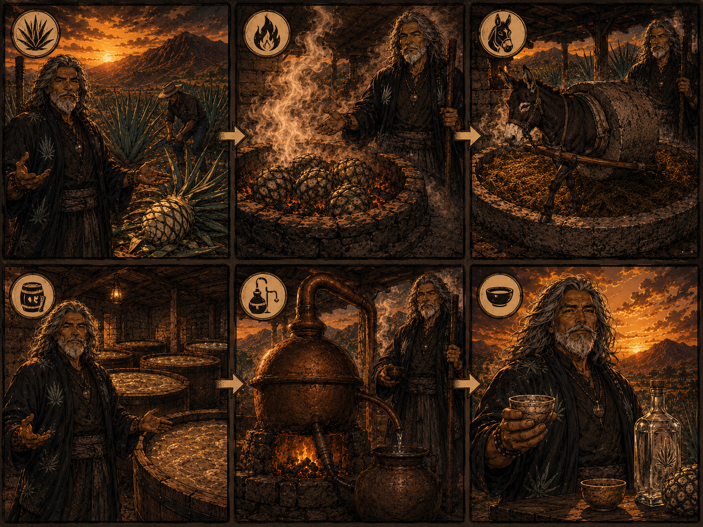 Illustrated mezcal production process from agave to distillation.