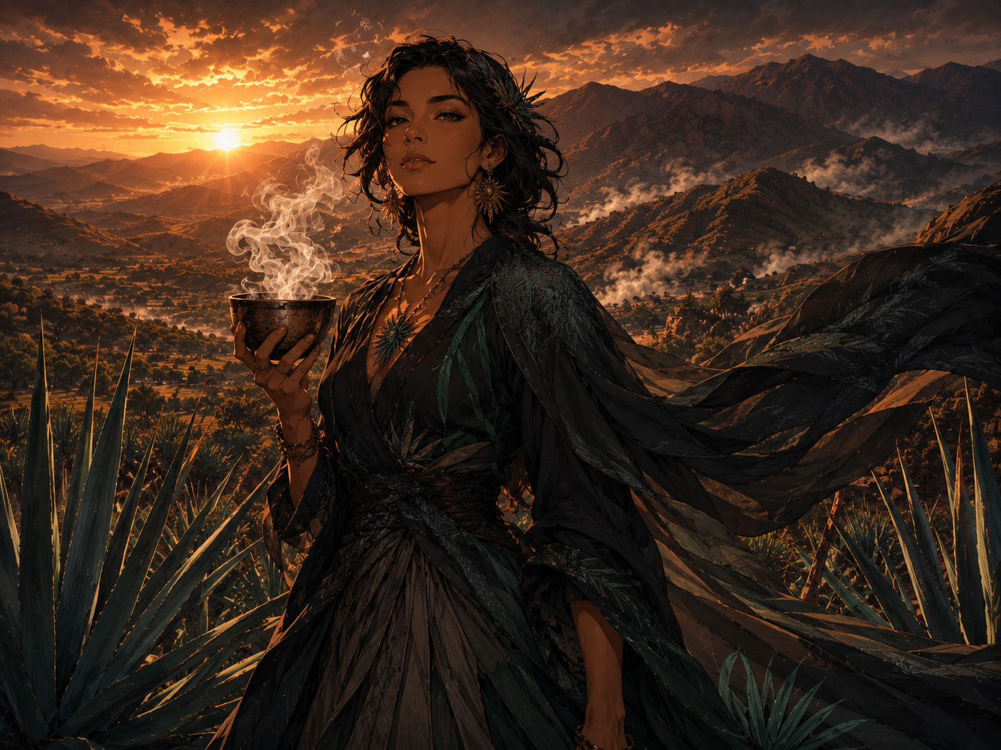 Madame Terroir in front of mountains and agave fields.