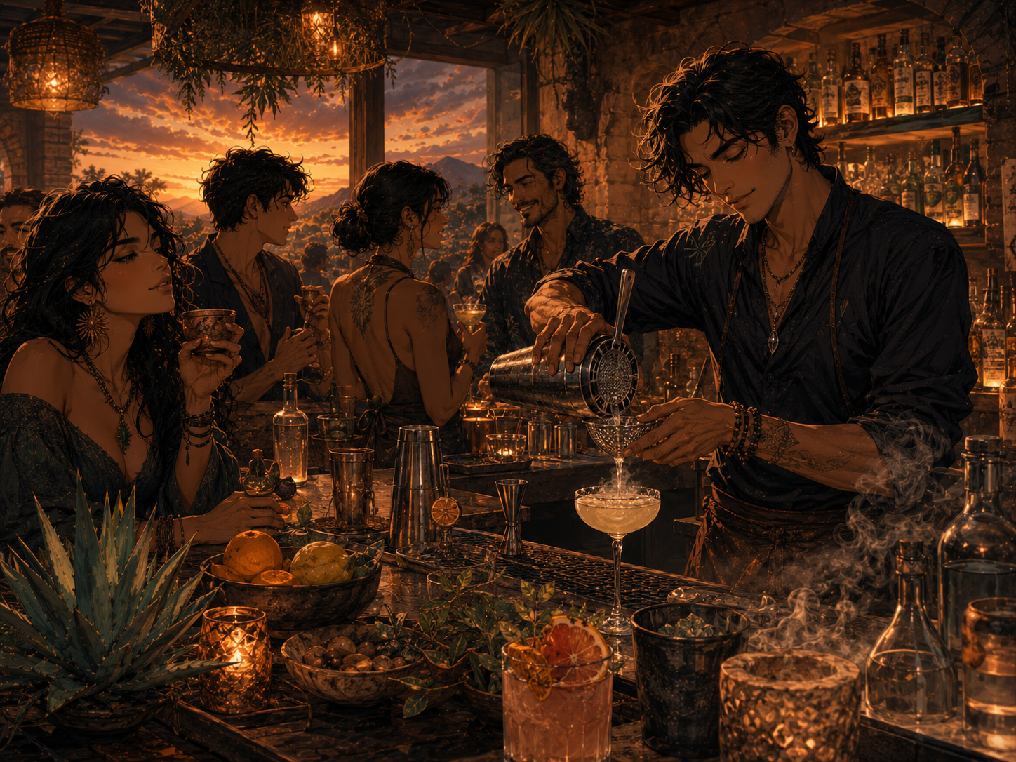 Mezcal cocktail bar scene with dramatic manga lighting.