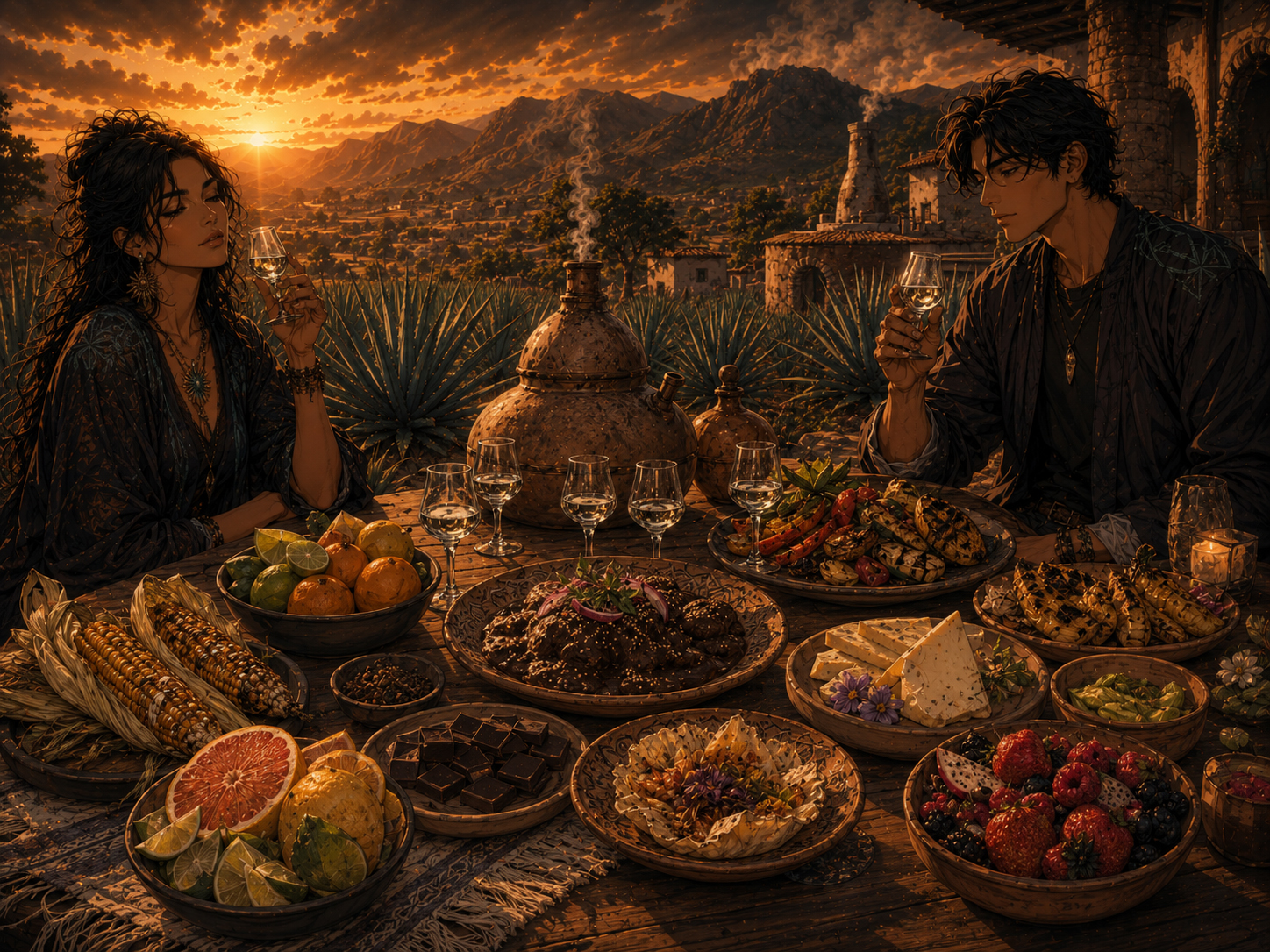 Food pairing table with mezcal glasses, fruit, chocolate, cheese, and grilled dishes.