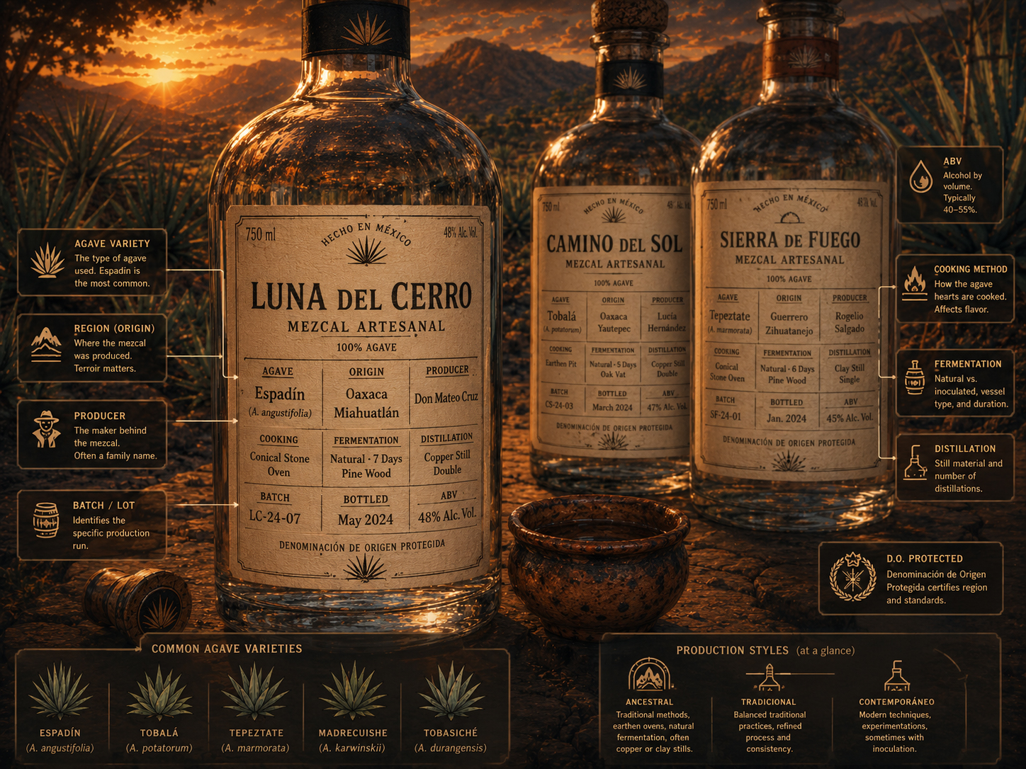 Mezcal bottle labels explained with notes about agave, origin, producer, and ABV.