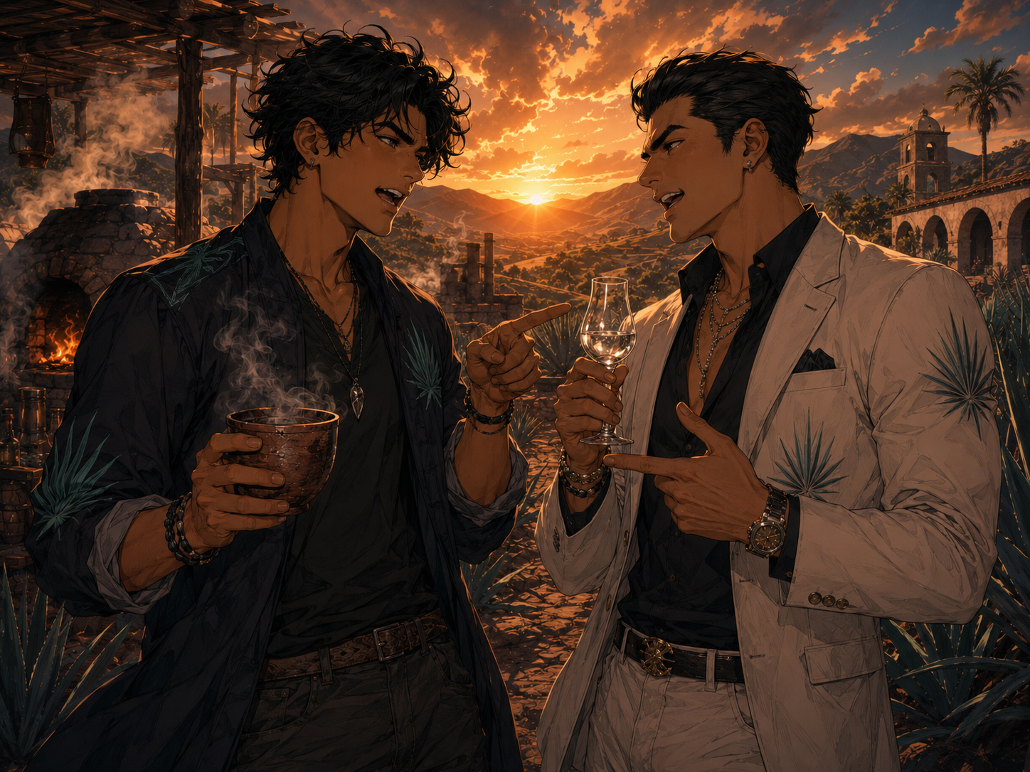 Two stylish agave cousins arguing about mezcal and tequila.