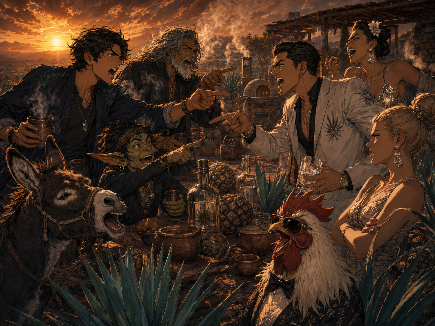 A dramatic family argument between mezcal and tequila characters.