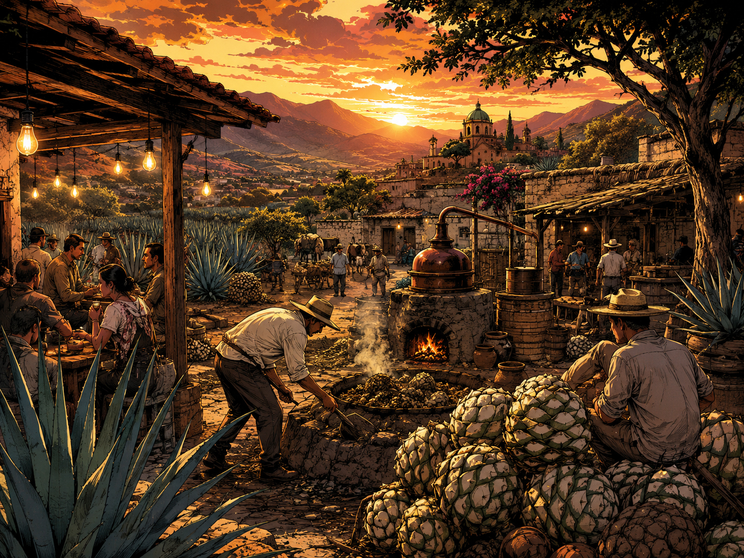 Oaxaca mezcal village at sunset.