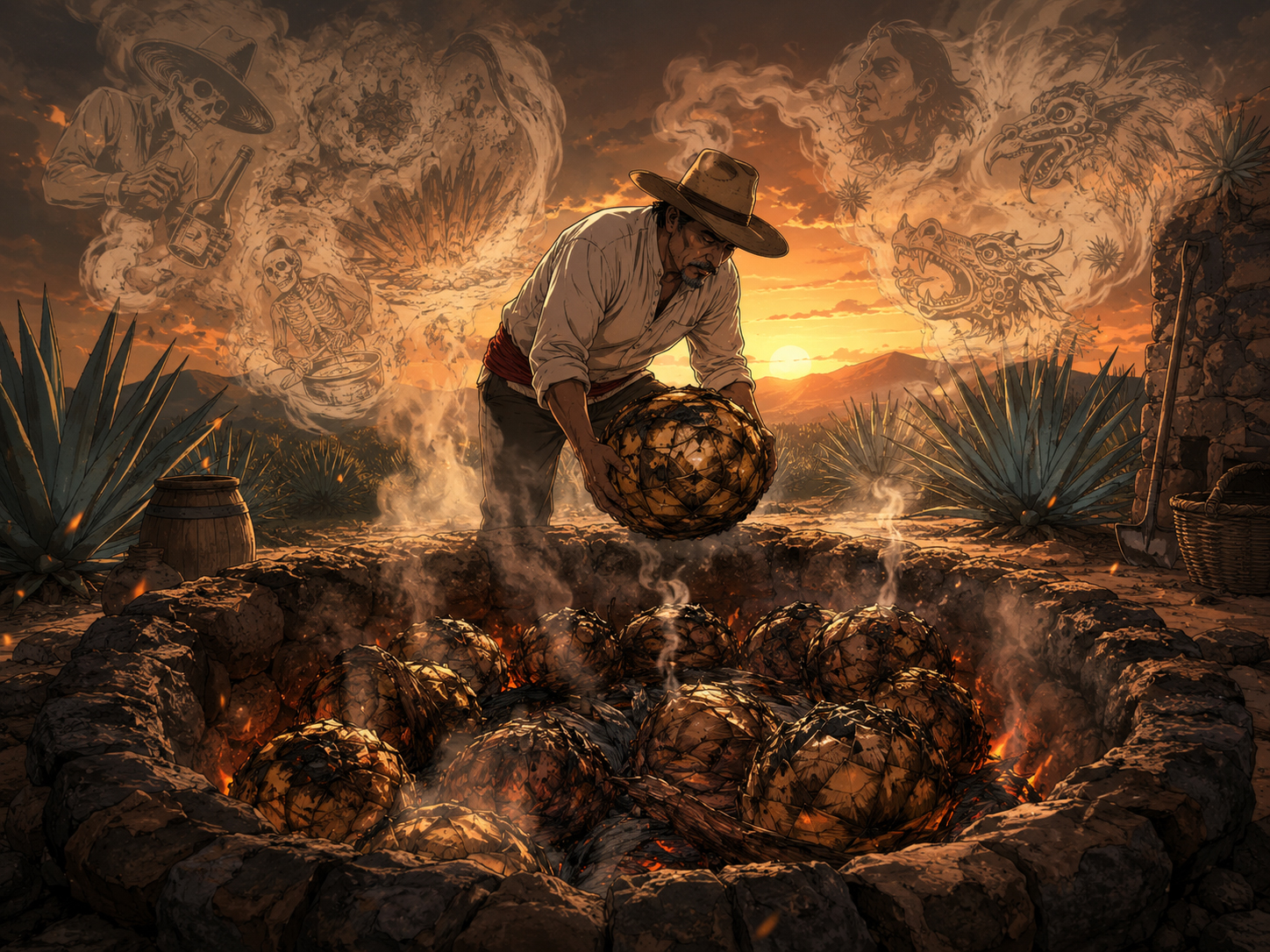 Roasting agave at dusk with smoke rising from an earthen pit.