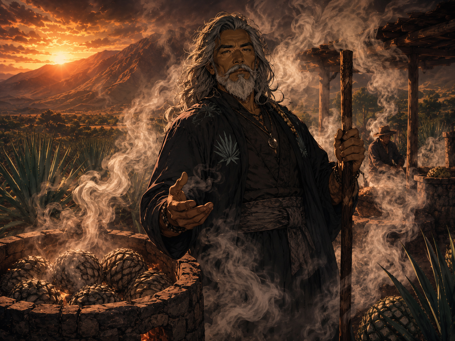Smoke Sensei standing near roasted agave in an earthen pit.