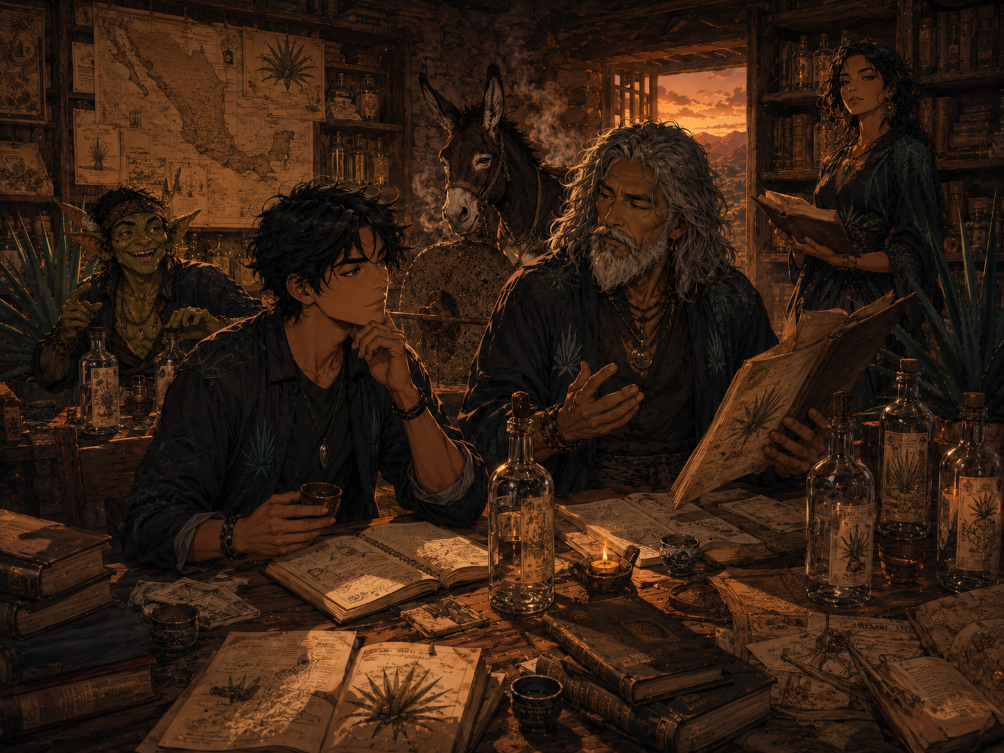 Illustrated MezcalDaily library with agave notes, books, labels, maps, and research materials.