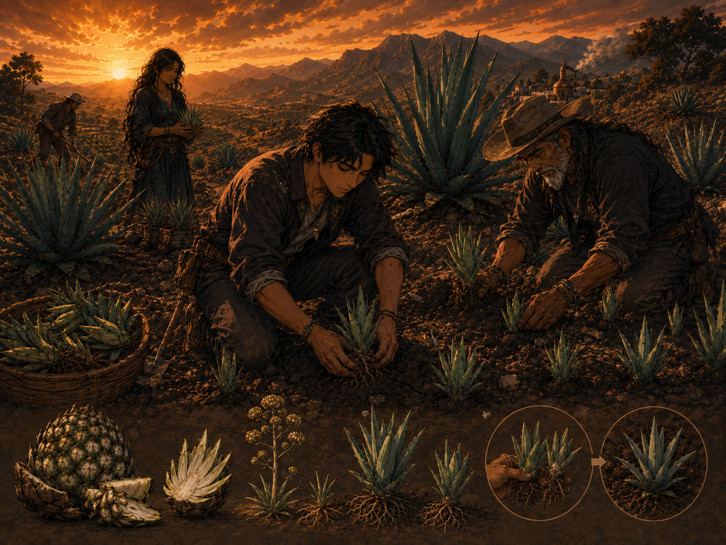 People replanting young agave plants at sunset.