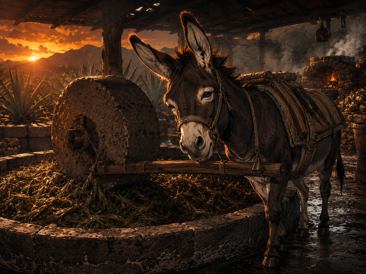 Tahona Donkey pulling a stone wheel to crush cooked agave.