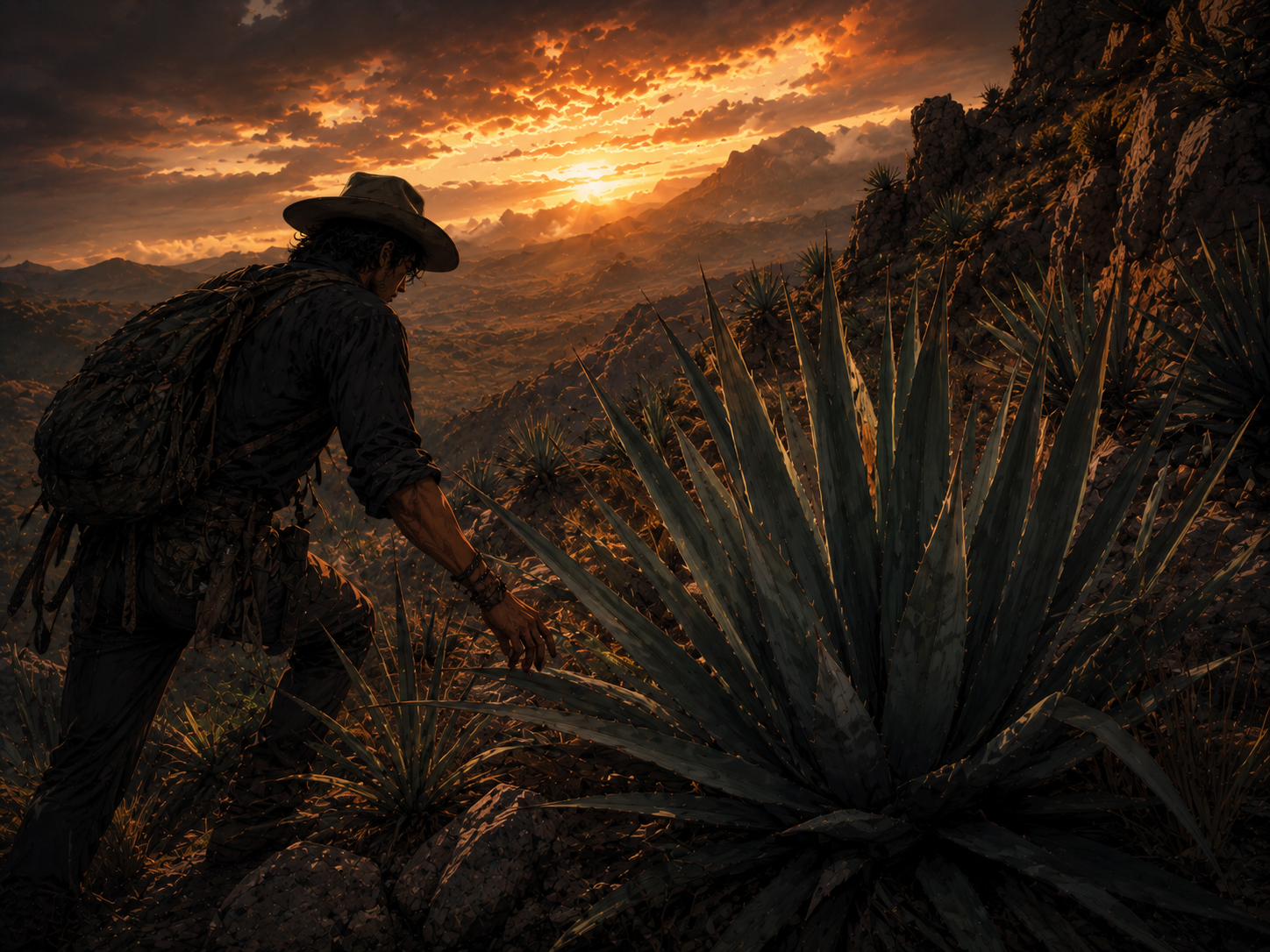A dramatic warning scene about protecting wild agave in rugged terrain at sunset.